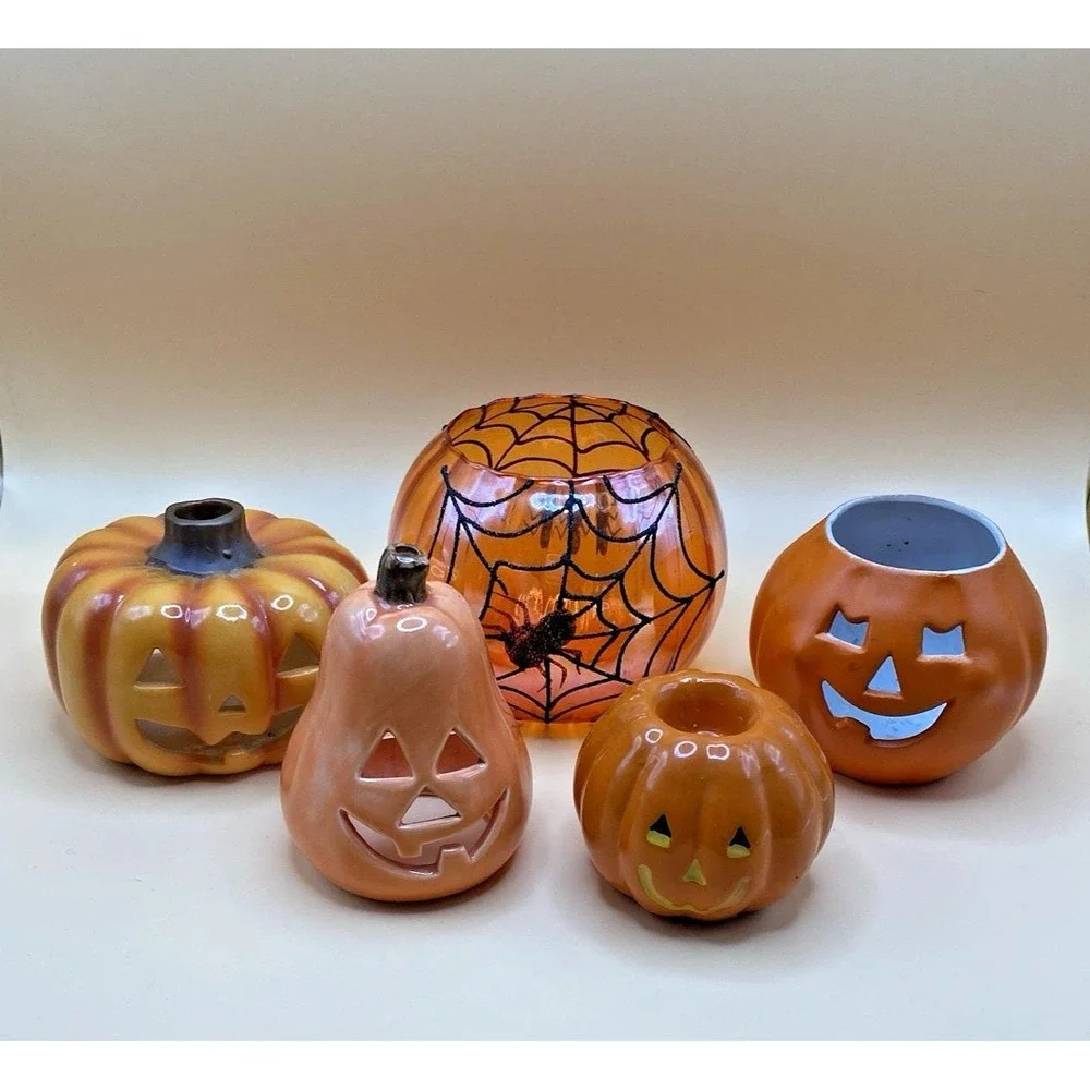 Vintage Ceramic Jack O Lantern Pumpkin Spider Tealight Candle Holders Lot of 5